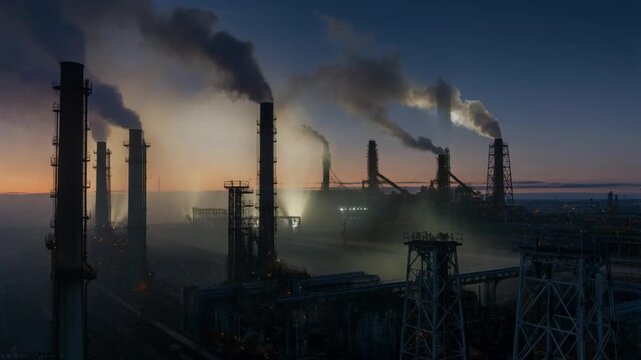 Industrial Plant at Dusk with Smokestacks and Smoke