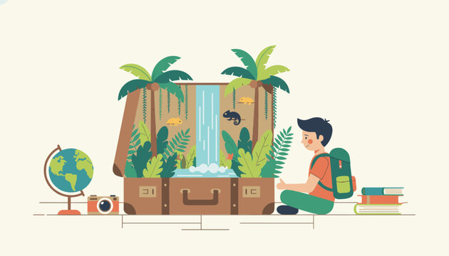 Adventurous boy sits beside an open suitcase containing a miniature tropical jungle scene with palm trees and waterfalls to inspire travel dreams.