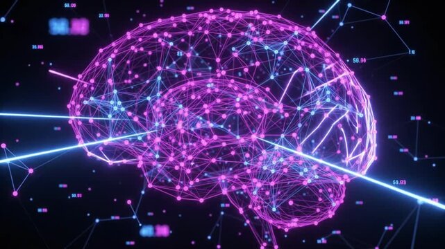 Abstract futuristic 3d holographic digital brain ai artificial intelligence neural network science technology magenta blue lines nodes motion loop background