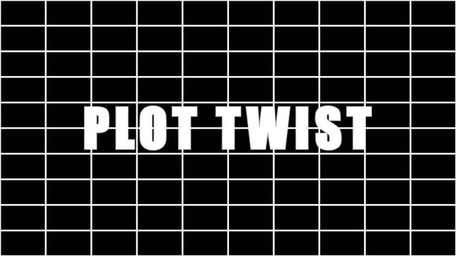 Hermann grid optical illusion with words plot twist appearing and disappearing on black background.