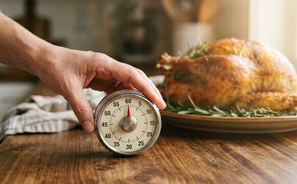 Person setting a kitchen timer for cooking a roasted turkey on a wooden table in a home setting representing holiday preparation