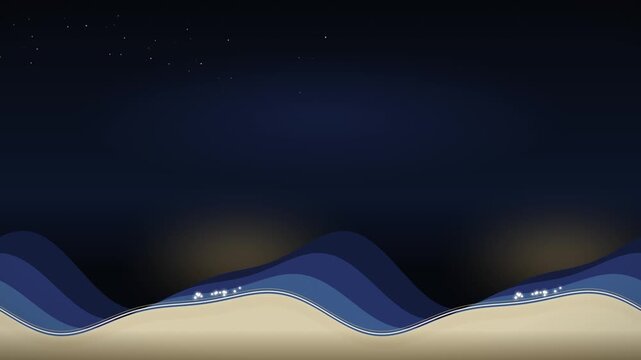 Abstract blue waves sandy dunes with glowing lights against dark starry sky, for serene night landscapes, peaceful nature backgrounds, minimalist design concepts
