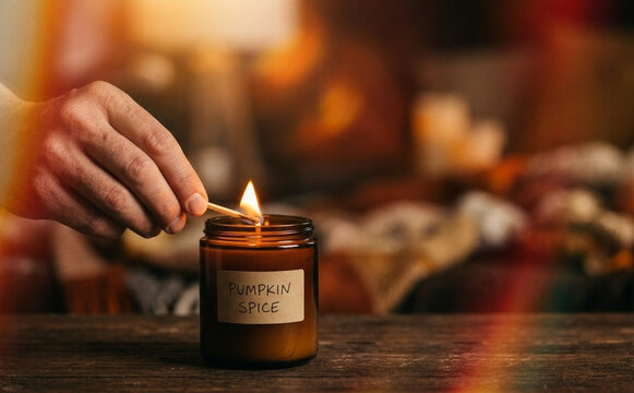 A person lighting a scented pumpkin spice candle on a wooden table to create a cozy autumn atmosphere and warm interior ambiance