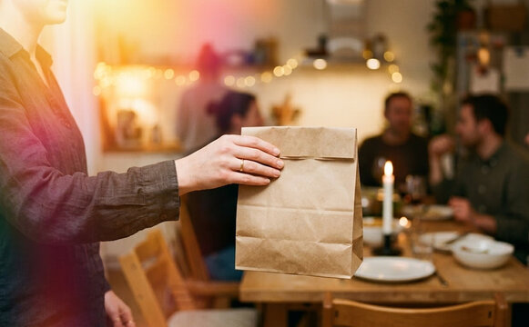 Woman delivering takeout paper bag to a group of friends having dinner at home