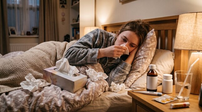 Woman sick in bed with tissues and medicine
