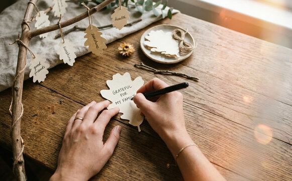Woman writing gratitude message on leaf-shaped paper card for Thanksgiving tree craft on rustic wooden table