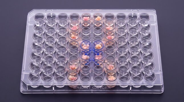 Medical research and laboratory testing concept photo. Transparent multiwell plate with pink and blue cellular spheroids
