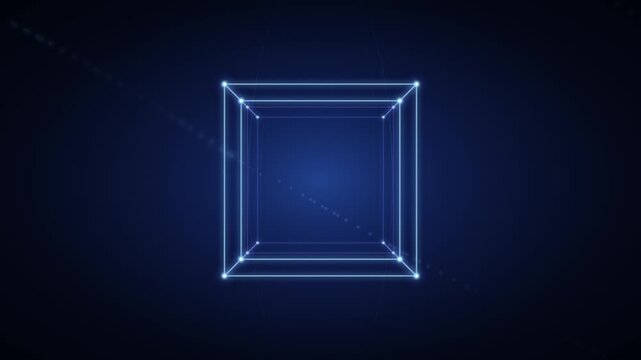 Abstract glowing wireframe cube rotating with digital data points, for futuristic technology, artificial intelligence, cyberspace connectivity, cyber security, virtual reality
