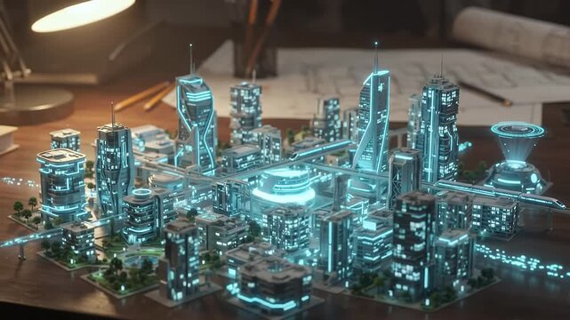 Holographic blueprint morphing into a futuristic glowing urban city model on a desk