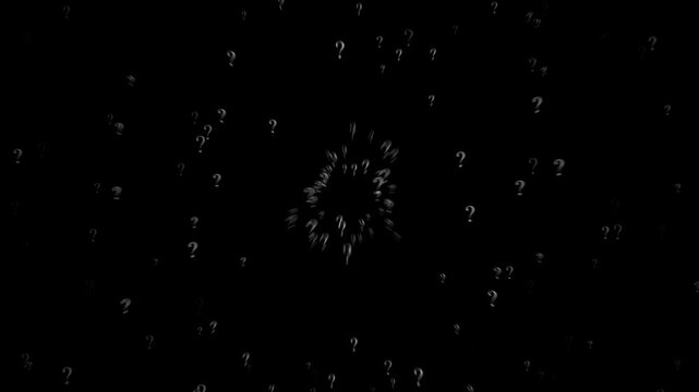 Abstract motion graphic animation with floating question marks on dark background for digital media.