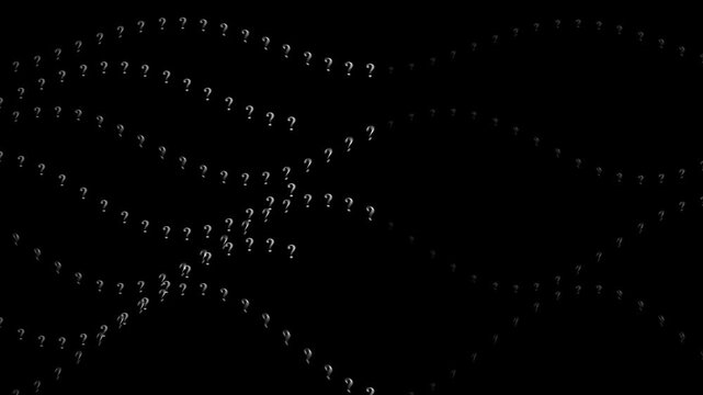 Abstract question marks wavy flow moving across black background symbolizing uncertainty and doubt.