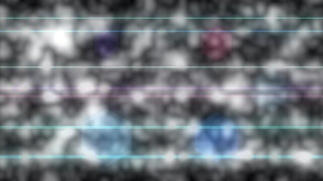 Abstract noise signal with glowing shapes on grain pattern moving in horizontal tracking shot.