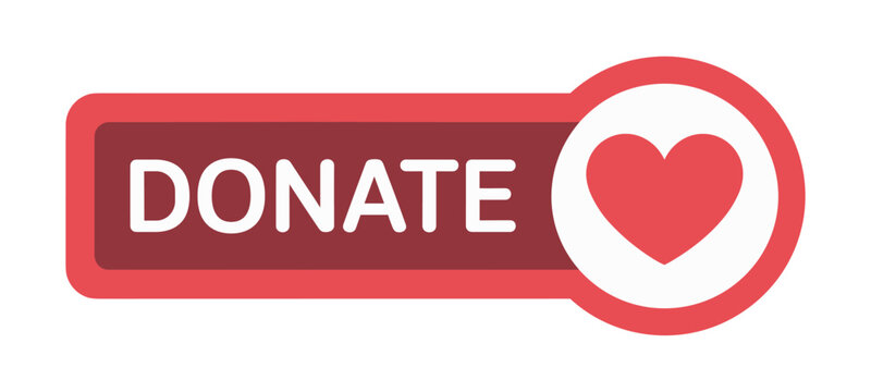 Donate button with white text on a dark red rectangular background, and a red, heart icon in, a white circle