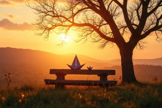 Trauer und Erinnerung mit einem gro&szlig;en Papierboot auf einer Bank unter einem alten Baum bei Sonnenuntergang