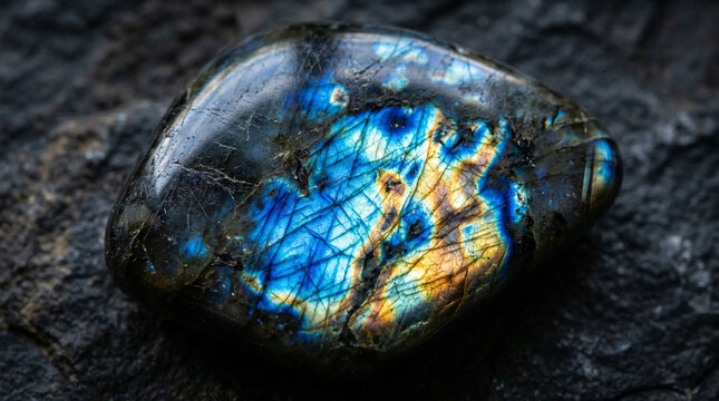A polished labradorite gemstone displays iridescent blue and gold flashes on its surface.