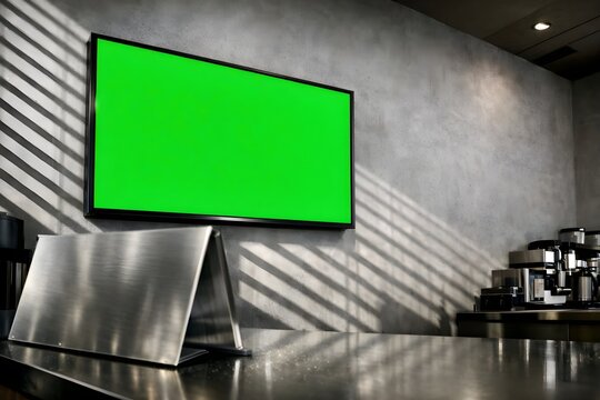 Digital menu board with green screen mockup mounted on a raw concrete wall in a modern cafe setting.