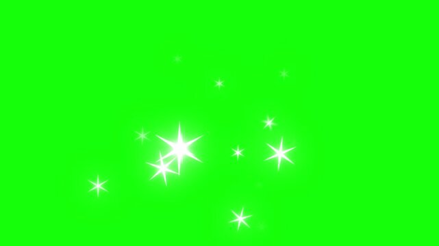 Animated white star glitters floating over bright green background for overlay compositing video clip.
