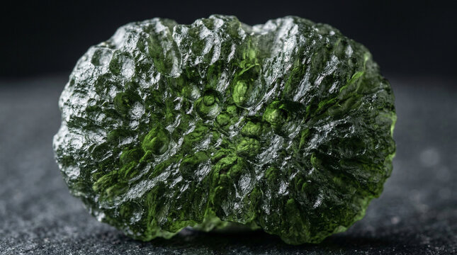 A close-up view shows the rough, textured surface of a green moldavite gemstone fragment.