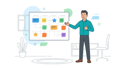 Fototapeta premium Man presenting a Kanban board or project timeline with sticky notes and flowcharts in a modern office setting