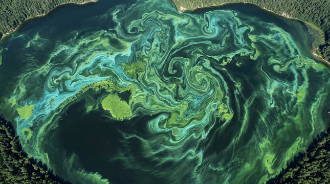 An aerial view shows a massive green algae bloom swirling in the dark blue ocean water.