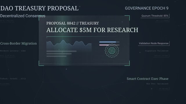 Futuristic digital interface displaying a DAO treasury proposal to allocate five million dollars for research, tracking quorum consensus until the proposal is passed by a smart contract