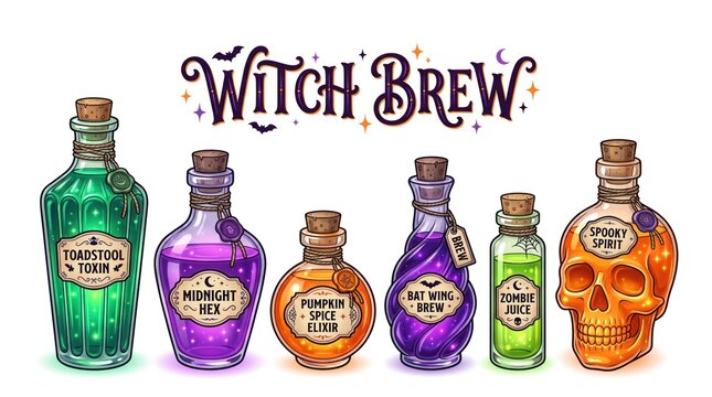 Witch Brew Halloween potion bottles set, spooky magic elixir glass jars with corks, mystical apothecary alchemy collection on white background