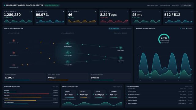 Advanced ai ddos mitigation control center dashboard for live threat neutralization, traffic graphs, attack vectors, for cybersecurity, network monitoring, system protection