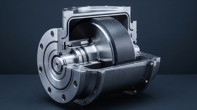 Commercial technical photograph of high speed solid steel kinetic flywheel energy storage rotor with magnetic levitation bearings in vacuum vessel for clean data center uninterruptible power ups