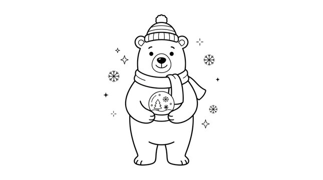 Polar bear coloring page vector illustration with winter hat and snow globe