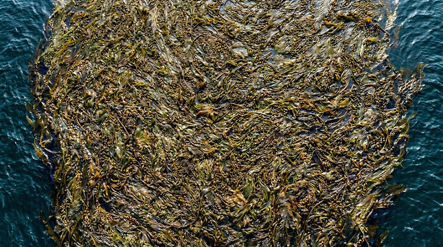 Dense green seaweed floats on the surface of the ocean water in a natural pattern.