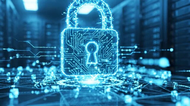 Digital padlock security icon floating above network nodes in a server room encryption cybersecurity data protection privacy encryption cybersecurity data protection privacy