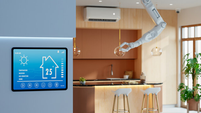 Smart home touchscreen displaying temperature controls in a modern kitchen with a robotic arm, air conditioner, wooden island, and pendant lighting- 3D rendering