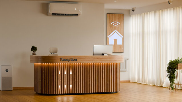 Contemporary reception interior featuring an illuminated wooden desk, computer monitor, smart home symbol, security cameras, air conditioner, and air purifier- 3D rendering