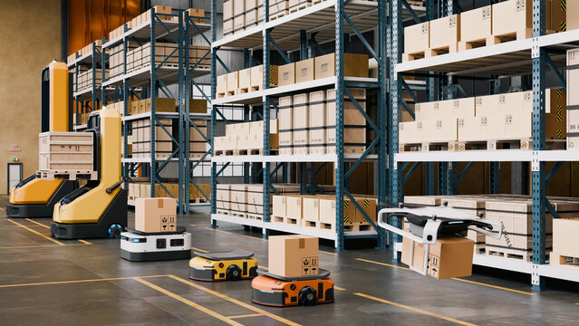 Automated warehouse with autonomous robots, robotic forklifts, and delivery drone- 3D rendering