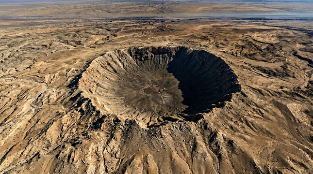 An aerial view captures the massive, circular impact crater in a vast arid desert.