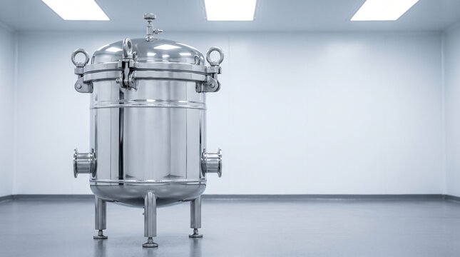 Commercial product photograph of mirror electropolished 316l stainless steel cylindrical dielectric fluid filter housing with swing bolt closure clamps for server immersion cooling loop facility