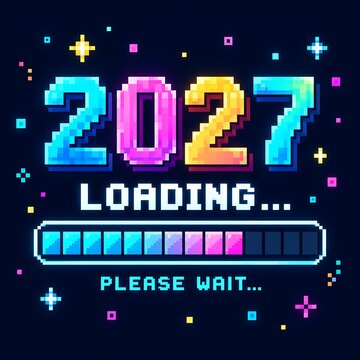 Pixel art style interface for 2027 new year loading screen with colorful confetti eight bit interface