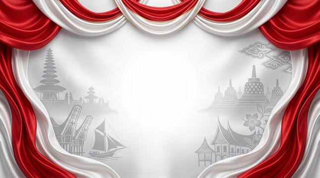 Wavy red and white silk frame with traditional indonesian architecture