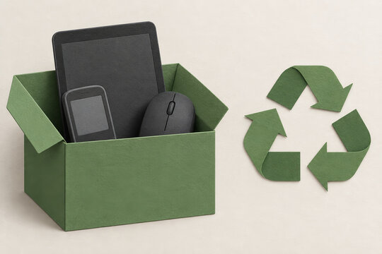 Electronic devices in a collection box beside recycling arrows