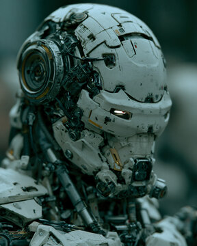 Detailed close-up portrait of a sophisticated futuristic humanoid robot head