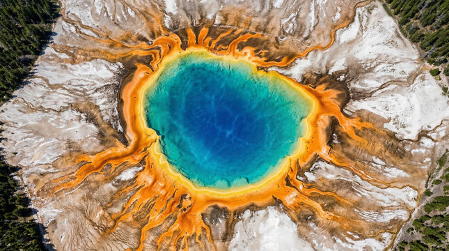 An aerial view captures the vibrant blue and orange colors of a natural hot spring pool.