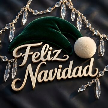Elegant gold script feliz navidad necklace with green velvet bow and pearl pendant for holiday mobile wallpaper Feliz Navidad lettering winter Christmas tree Mexican text fista greetings Postcard Illu