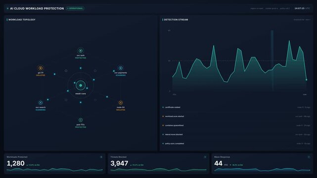 Ai cloud workload protection dashboard with network topology threat detection streams, for cybersecurity monitoring, software safety, network defence, digital infrastructure