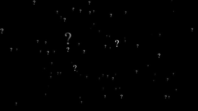 White question marks floating randomly across black background in dynamic motion graphics footage.