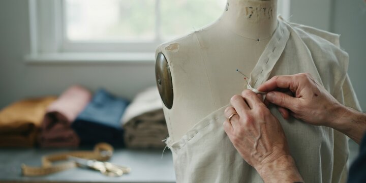 Closeup of a tailor pinning unbleached fabric on a dressmakers dummy in a studio