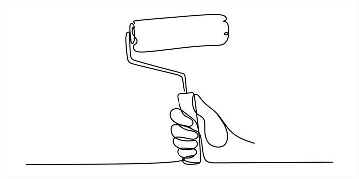 Continuous one line drawing of a person holding a paint roller tool for home renovation and interior wall painting
