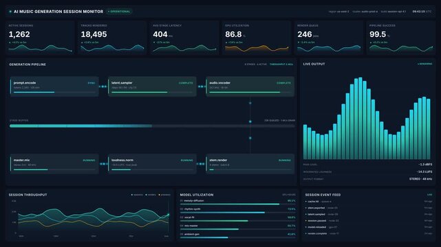 Ai music generation session monitor dashboard with live audio visualizer performance metrics, for advanced artificial intelligence technology, software development, audio