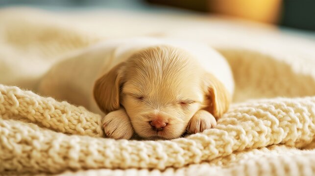 A cute newborn puppy sleeping soundly on a knit blanket
