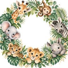 Fototapeta premium Cute Safari Baby Animals Tropical Jungle Watercolor Frame with Copy Space
