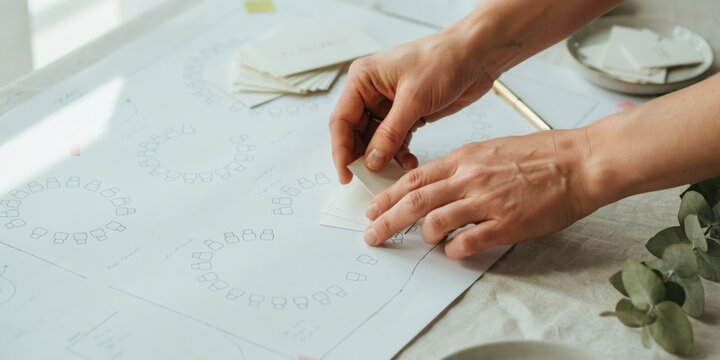 Woman hands organizing wedding table plan seating charts on white paper at table